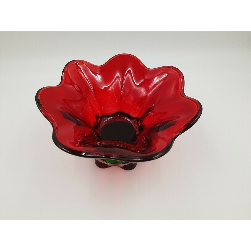 Teleflora Gift Glass Bowl Green Red Tulip Shape Flower Style Heavy Piece